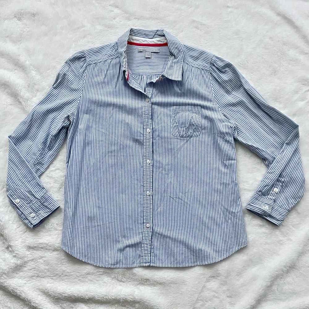 Old Navy Seersucker Style Pinstripe Button-Up Blue White Size Large